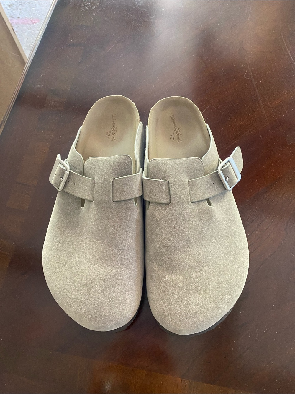 Like new suede Slip-On Clogs with Buckle - Light Taupe
